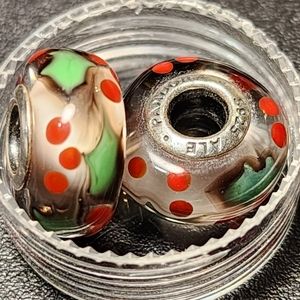 2 Retired Pandora Sterling Silver Christmas Holly Murano Glass Charms